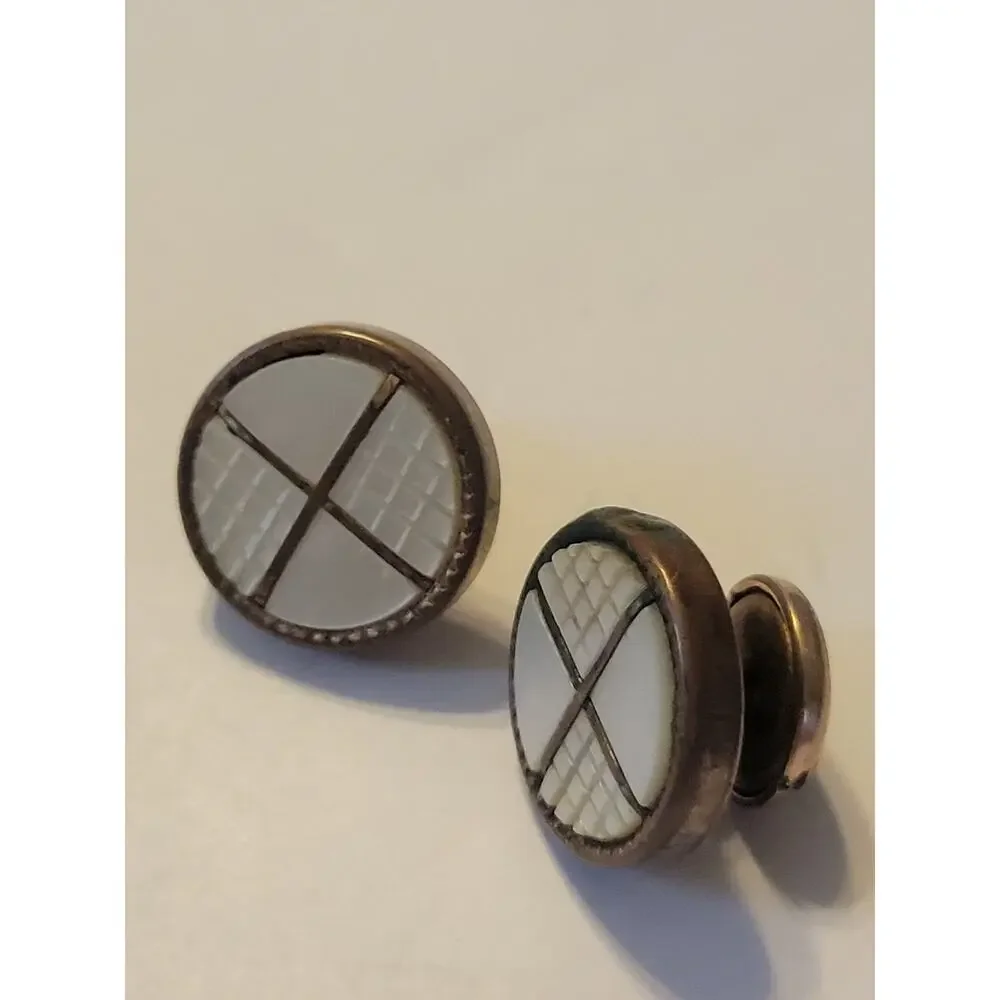 Vtg Est. Pair of Cufflinks Mother of Pearl & Metal Criss Cross Classic Jewelry‎